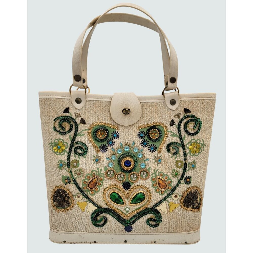1960s Tote Bag Colins Jeweled Floral Beaded Design Button Closure Wood Bottom